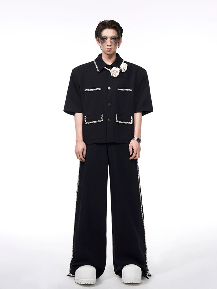Rhinestone Short Sleeve Shirt Jacket & Rhinestone Slit Flare Trousers Setup WN16581