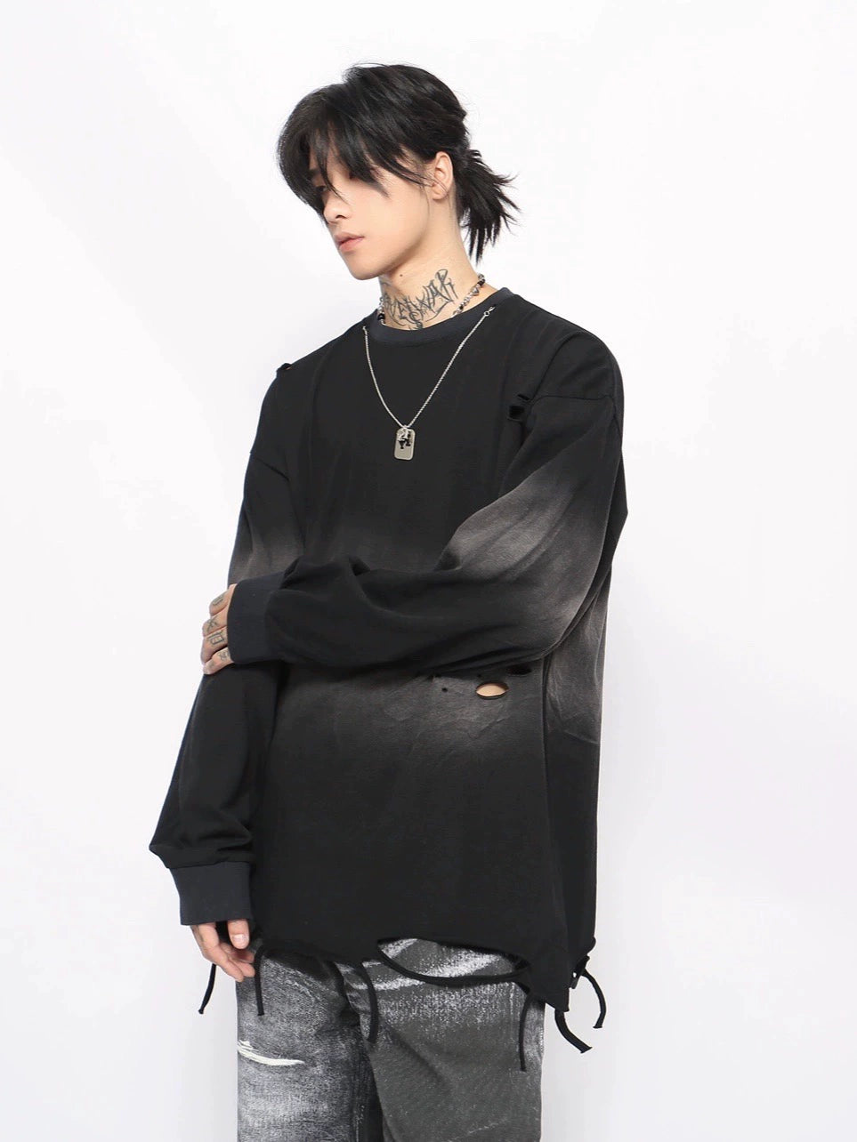 Damage Hem Oversize Long Sleeve T-Shirt WN10899