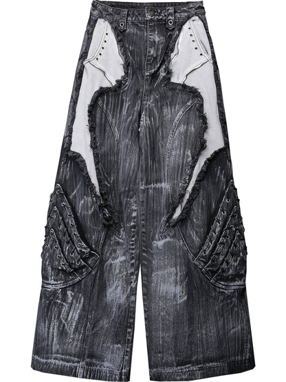 Damage Wash Mix Patch Deconstruct Wide Leg Denim Jeans WN22413