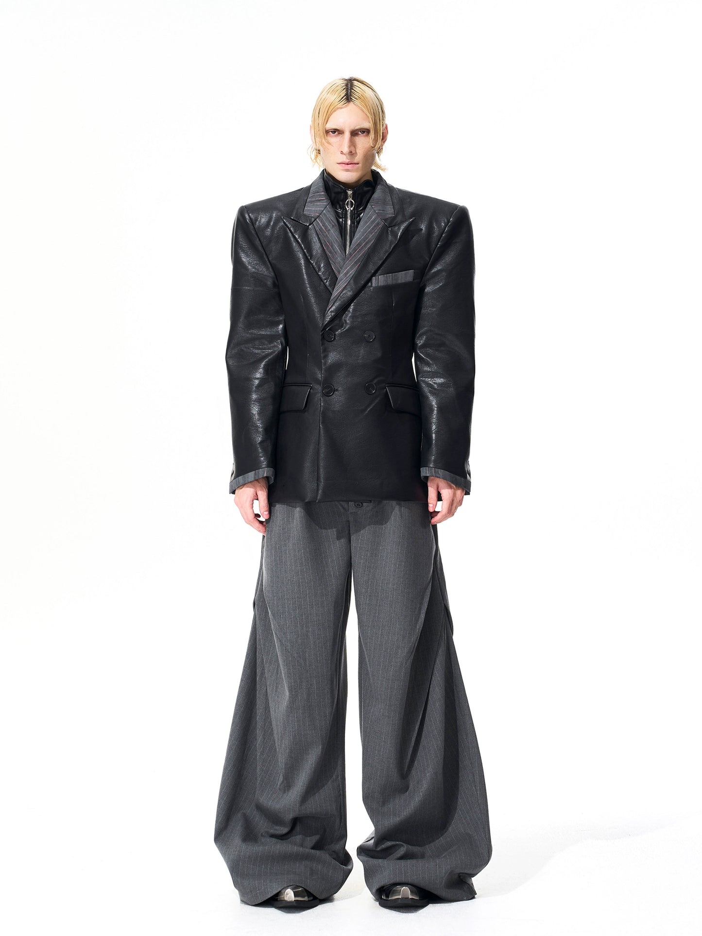 Texture Fake Layered PU Leather Tailored Jacket WN21834