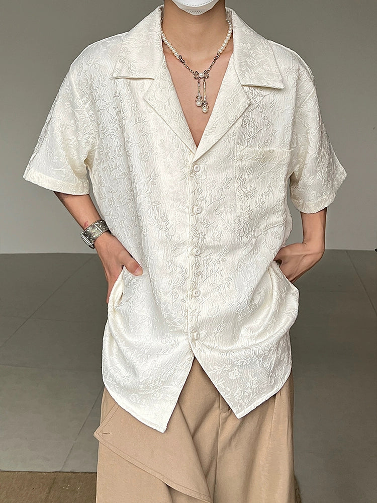 Jacquard Embroidery Embossed Cuban Collar Short Sleeve Shirt WN20026