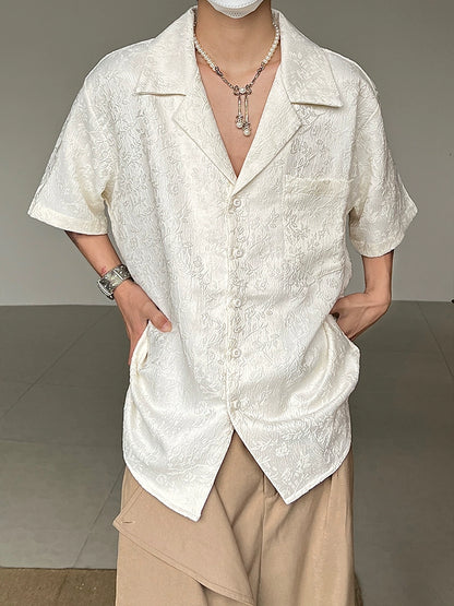 Jacquard Embroidery Embossed Cuban Collar Short Sleeve Shirt WN20026