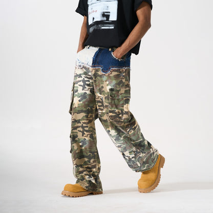 Denim Camouflage Patchwork Multi-Pocket Wide Leg Cargo Pants WN27858