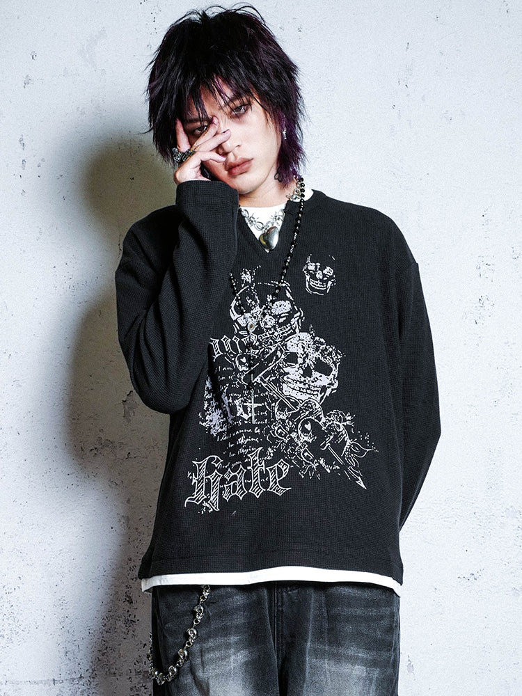 Waffle Knit Fake Layered Long Sleeve T-Shirt WN15949