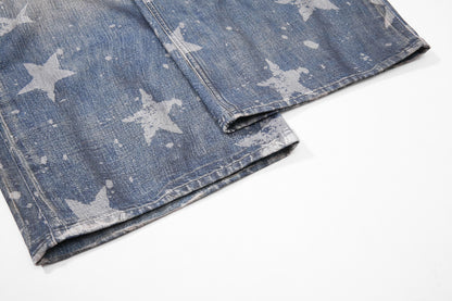 Star Print Fake Layered Curved Wide Leg Denim Jeans WN25728