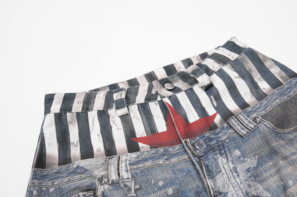 Star Print Fake Layered Curved Wide Leg Denim Jeans WN25728