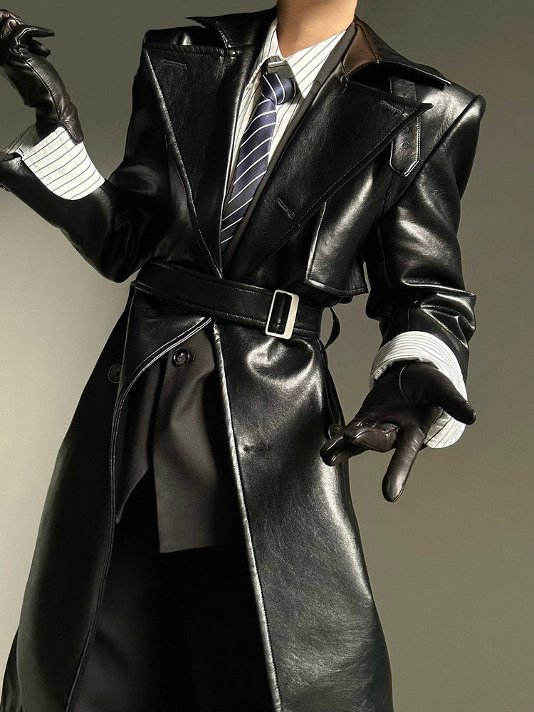 Belted PU Leather Waist-Shaping Coat WN23143
