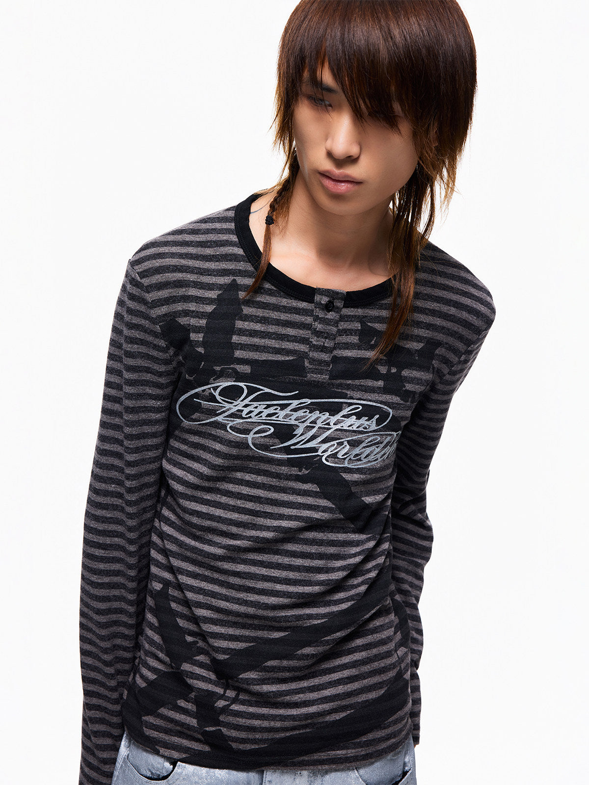 Striped Glitter Print Henley Long Sleeve T-Shirt WN27349