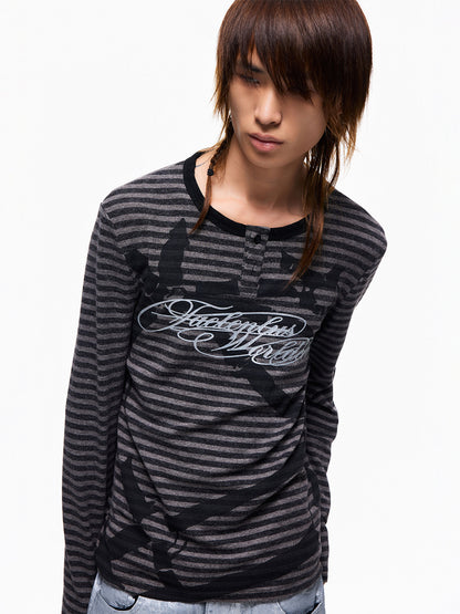 Striped Glitter Print Henley Long Sleeve T-Shirt WN27349