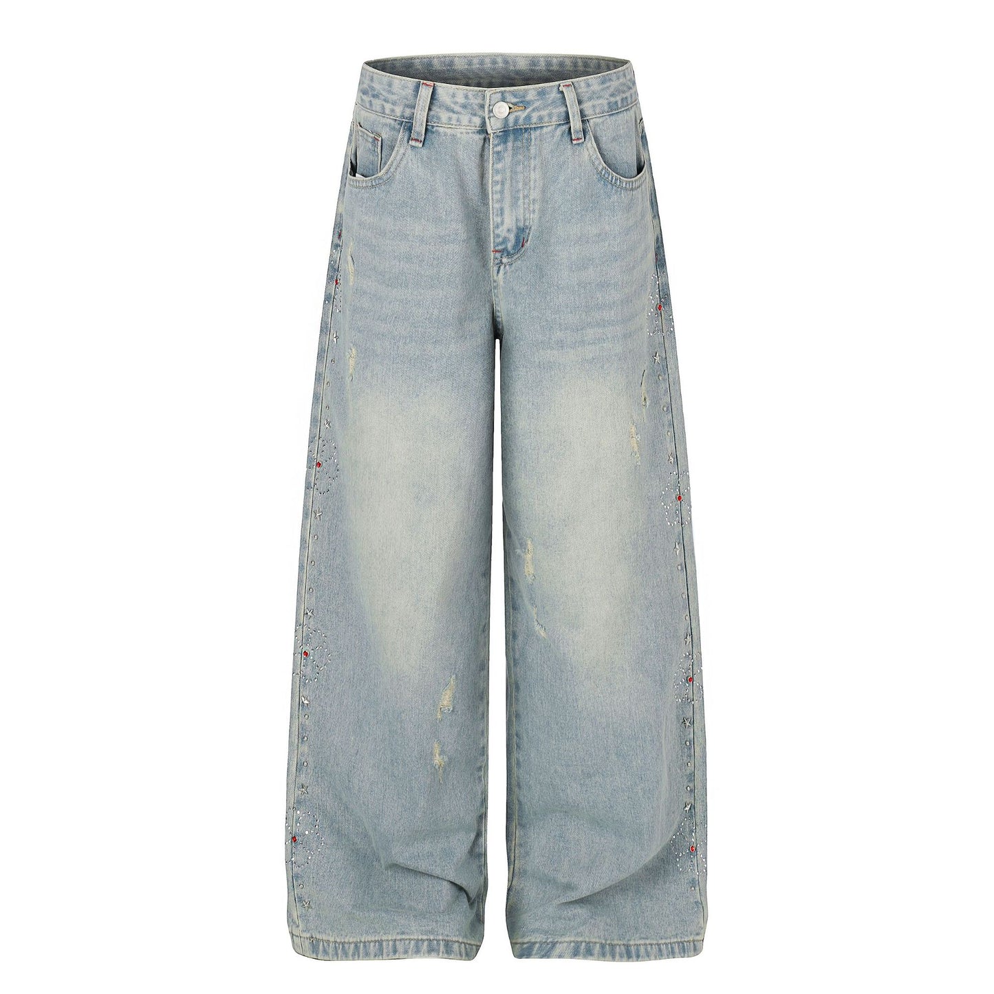 Washed Paint Studs Detail Wide Leg Denim Jeans WN25418