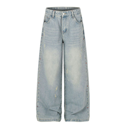 Washed Paint Studs Detail Wide Leg Denim Jeans WN25418