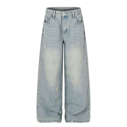 Washed Paint Studs Detail Wide Leg Denim Jeans WN25418