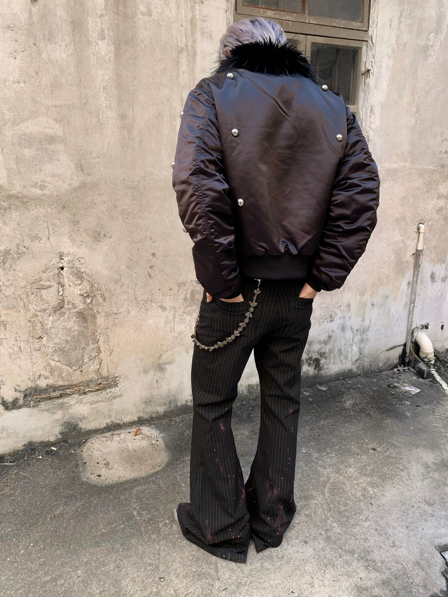 Fake Fur-Collar Rivet Zipper Bomber Jacket WN22206