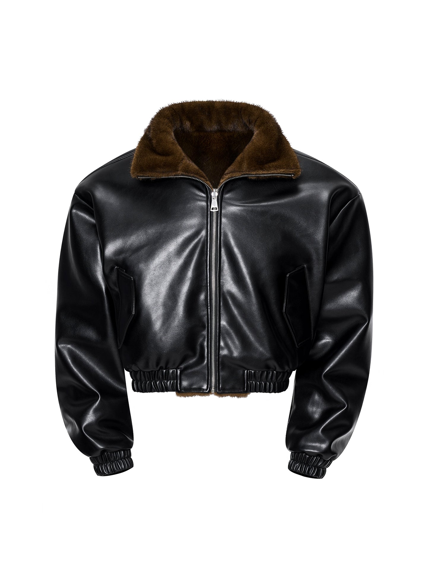 Reversible Fake Fur Stand Neck PU Leather Jacket & Pants Setup WN21827