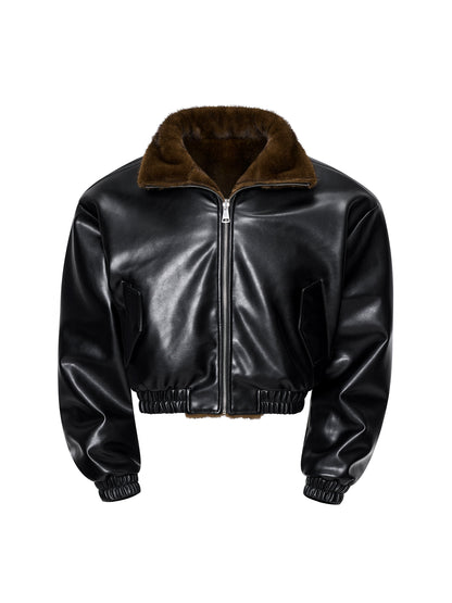 Reversible Fake Fur Stand Neck PU Leather Jacket & Pants Setup WN21827