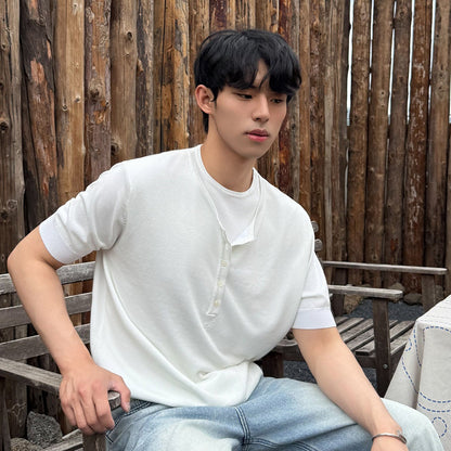 Fake Two Pieces Crew Neck Knit Short Sleeve Shirt WN24956
