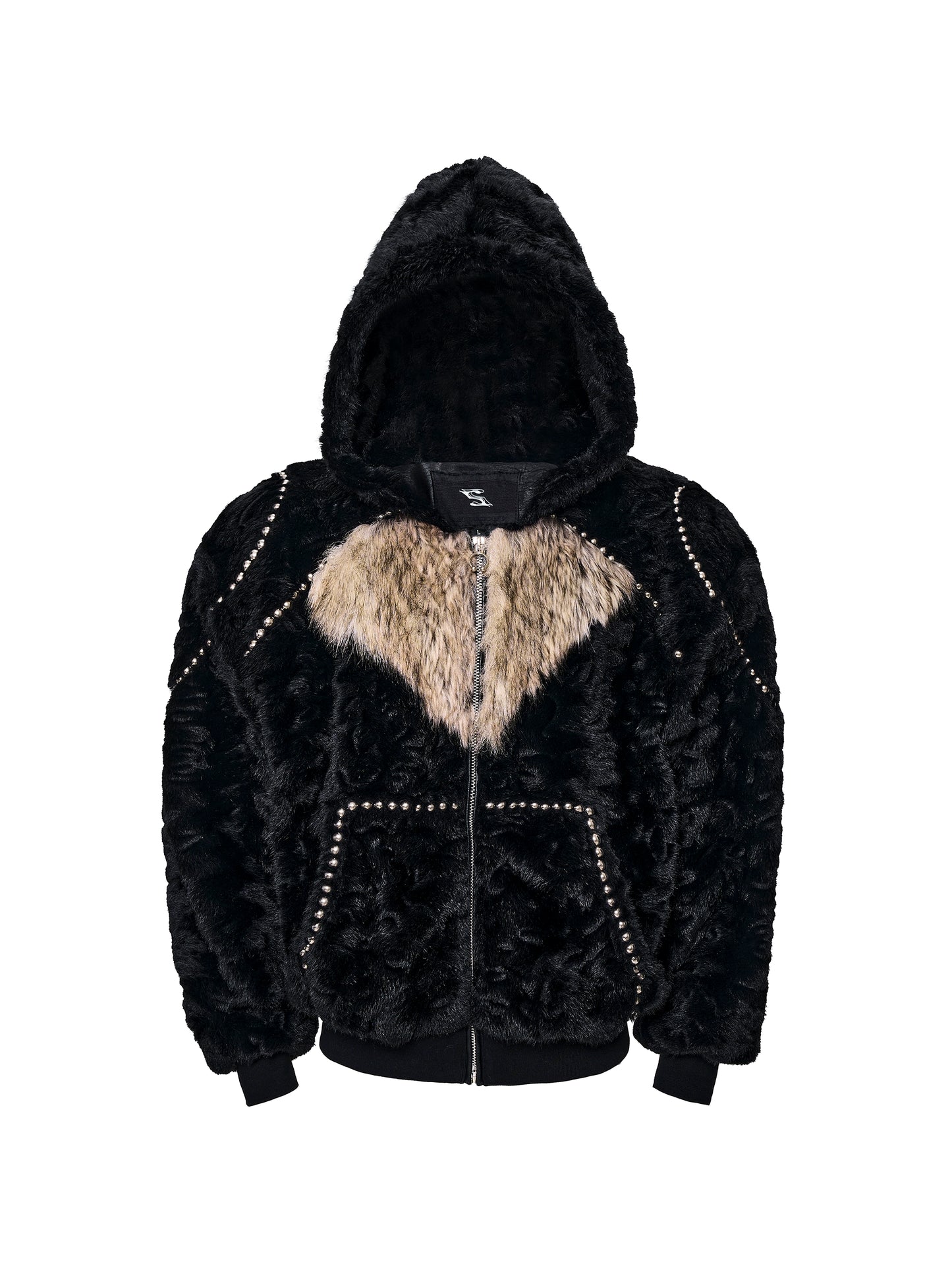 Colorblock Heart Thick Fake Mink Fur Hooded Jacket & Straight Wide Leg Pants Setup WN21838