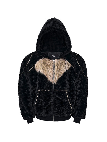 Colorblock Heart Thick Fake Mink Fur Hooded Jacket & Straight Wide Leg Pants Setup WN21838