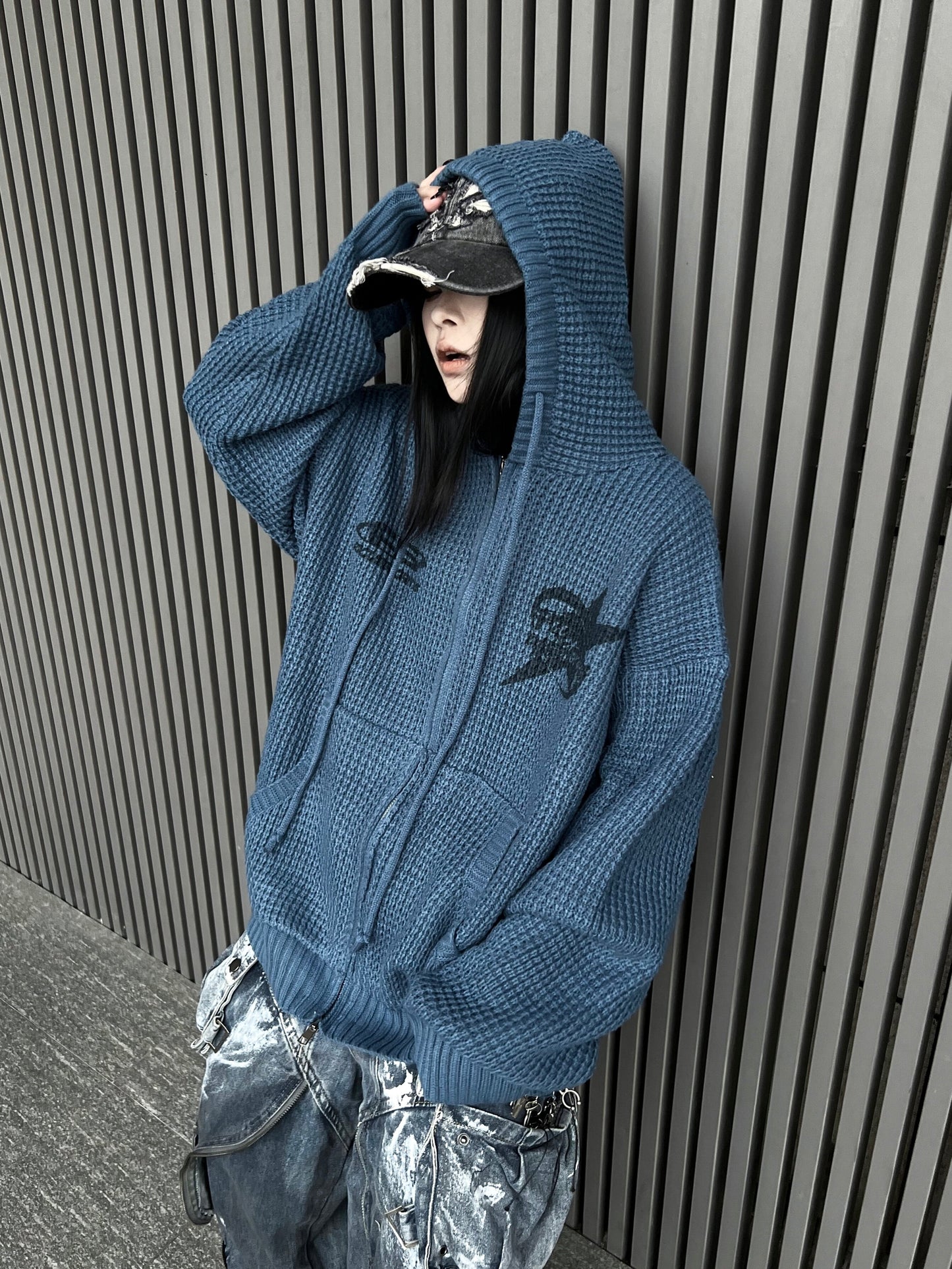Waffle Knit Embroidery Oversize Zipper Hoodie WN24192