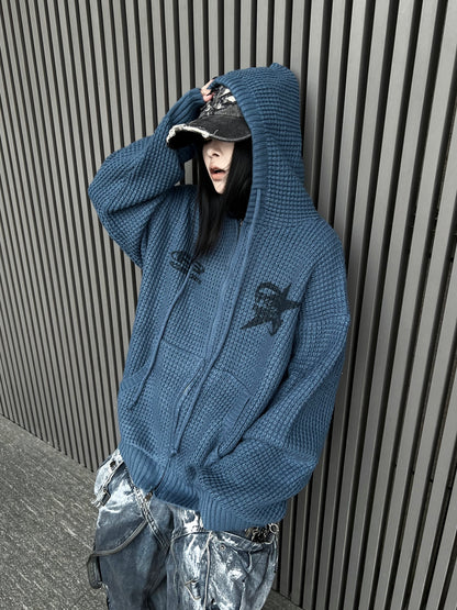 Waffle Knit Embroidery Oversize Zipper Hoodie WN24192