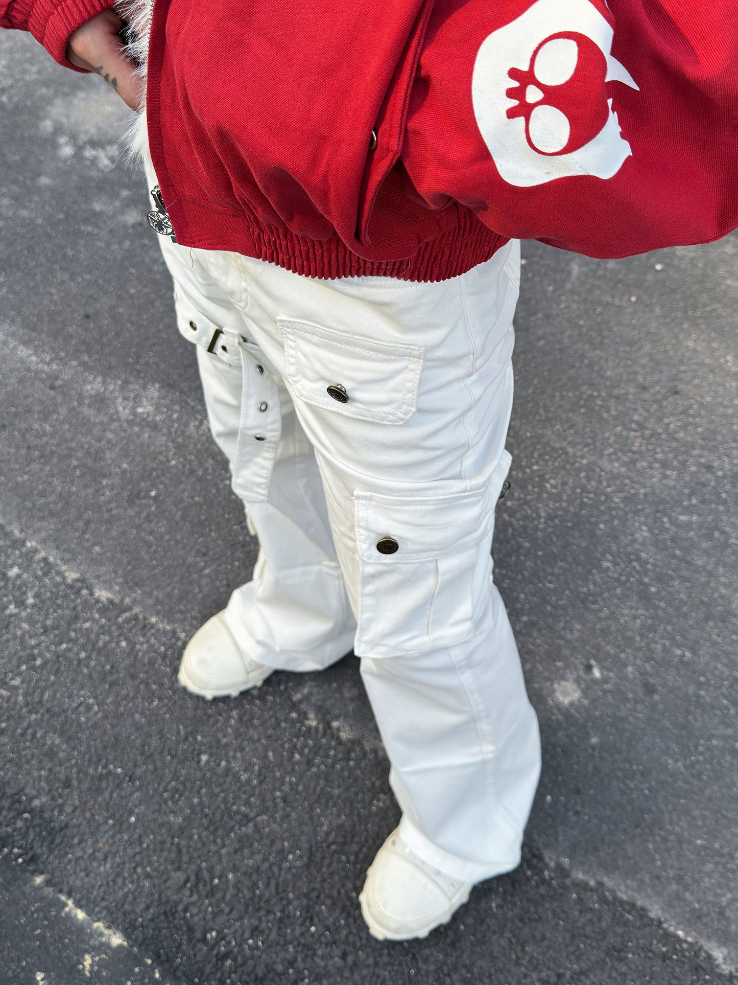 Metal Strap Pleats Multi-Pocket Slim Straight Cargo Pants WN23016