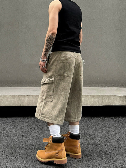 Marble Pattern Washed Wide Leg Cargo Half Pants WN19544