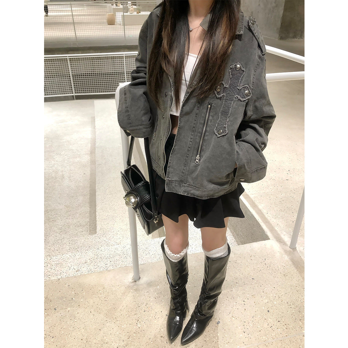 Washed Cross Patch Embroidery Jacket WN23043