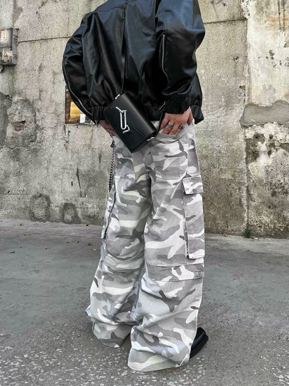 White Camouflage Pocket Wide Leg Straight Cargo Pants WN8232