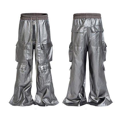 Matte Coated Fake Leather Wide-Leg Cargo Pants WN11352