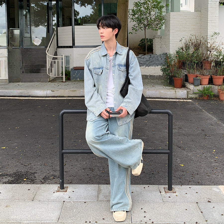 Washed Denim Short Sleeve Shirt Jacket & Wide Leg Denim Jeans Setup WN24955