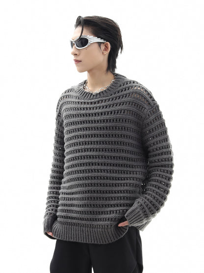 Mesh Hollow-Out Round Neck Knit Sweater WN10448