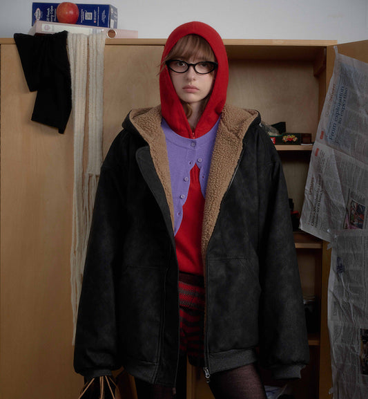 Lamb Fleece Reversible Hooded Zipper Puffer Jacket WN21877