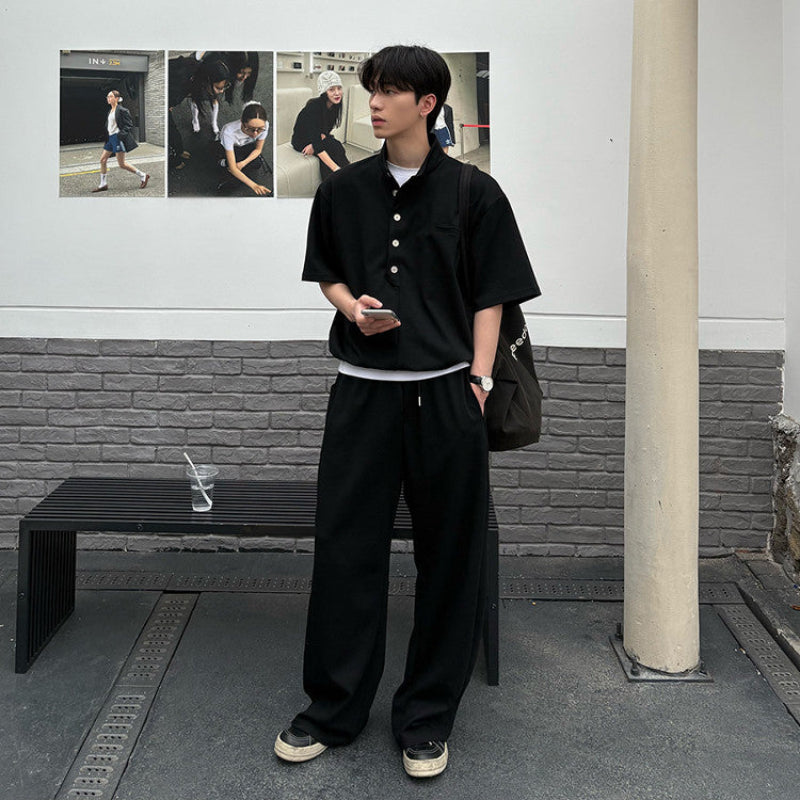 Standing-Collar Button Short Sleeve T-Shirt & Wide Leg Sweatpants Setup WN25022