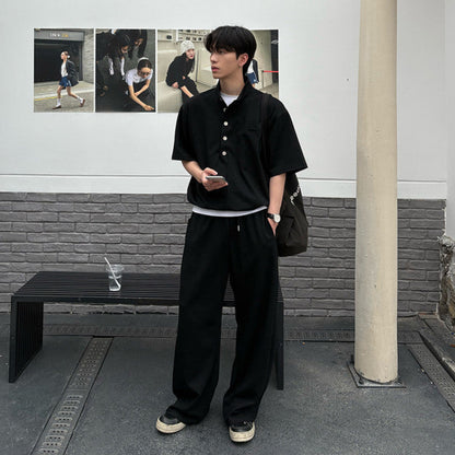 Standing-Collar Button Short Sleeve T-Shirt & Wide Leg Sweatpants Setup WN25022