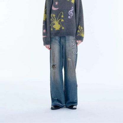 Sequin Embroidery Beaded Design Damage Wash Denim Jeans WN18927