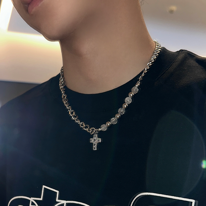 WN25227 JKSPACE original self-made steel ball pearl-inlaid brick cross-patch collarbone chain necklace ins, men's and women's couple pendants WN25227