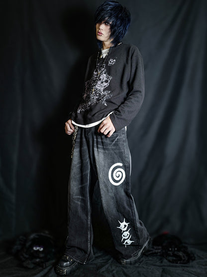 Graphic Design Washed Low-Rise Wide Leg Denim Jeans WN16077