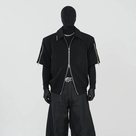 Double Zipper Shoulder-Pad Short Sleeve Jacket WN17418