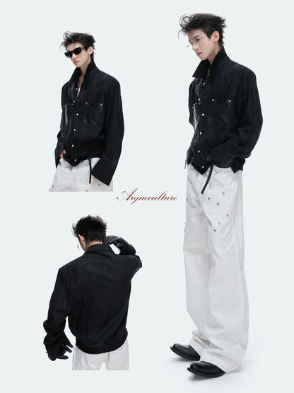 Floral Embroidery Linen Leather Panel Pleats Jacket WN27042