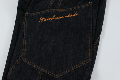 Patchwork Washed Straight-Leg Denim Jeans WN11327