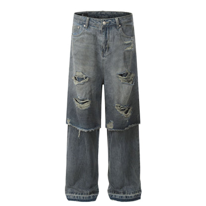 Fake Layered Damage Wide Leg Denim Jeans WN26025