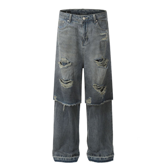 Fake Layered Damage Wide Leg Denim Jeans WN26025