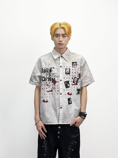 Graffiti Print Splatter Washed Short Sleeve Shirt WN24267