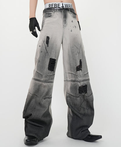 With Tide Belt Heavy Damage Wash Curved Wide Leg Denim Jeans WN24144