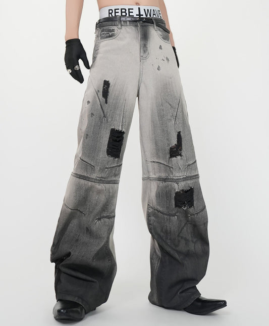 With Tide Belt Heavy Damage Wash Curved Wide Leg Denim Jeans WN24144