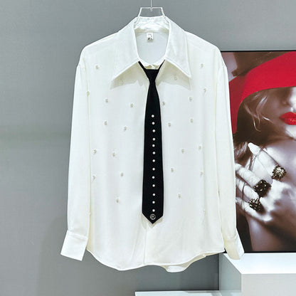 Shoulder-pad Lapel Drape Pearl Tie Long Sleeve Shirt WN23914