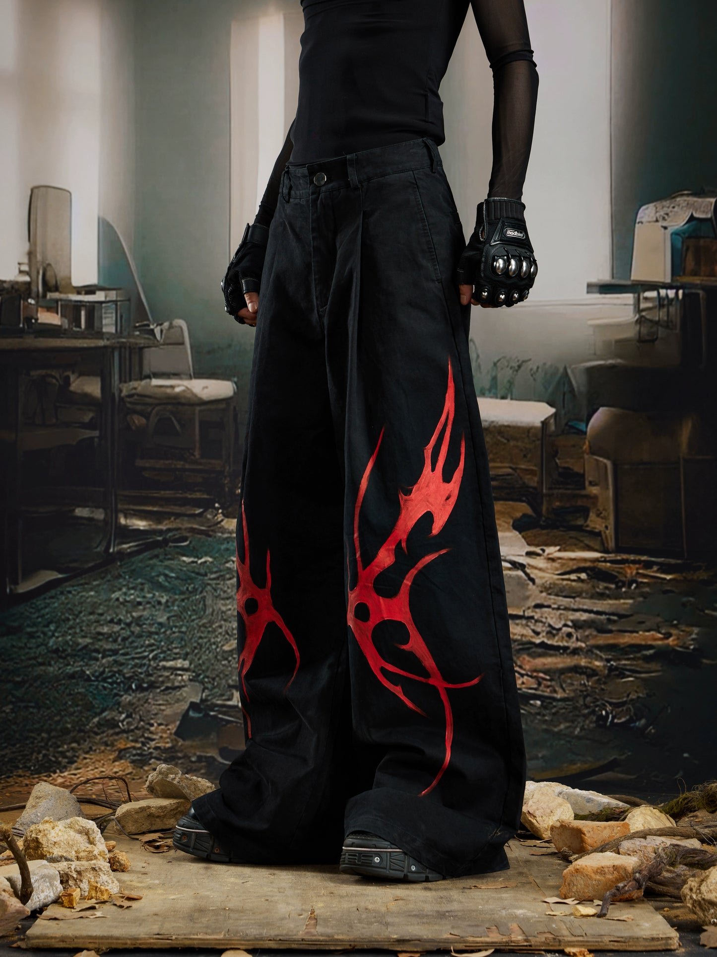 Paint Graffiti Pleats Washed Wide Leg Denim Jeans WN21379