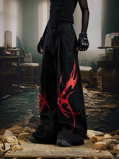 Paint Graffiti Pleats Washed Wide Leg Denim Jeans WN21379