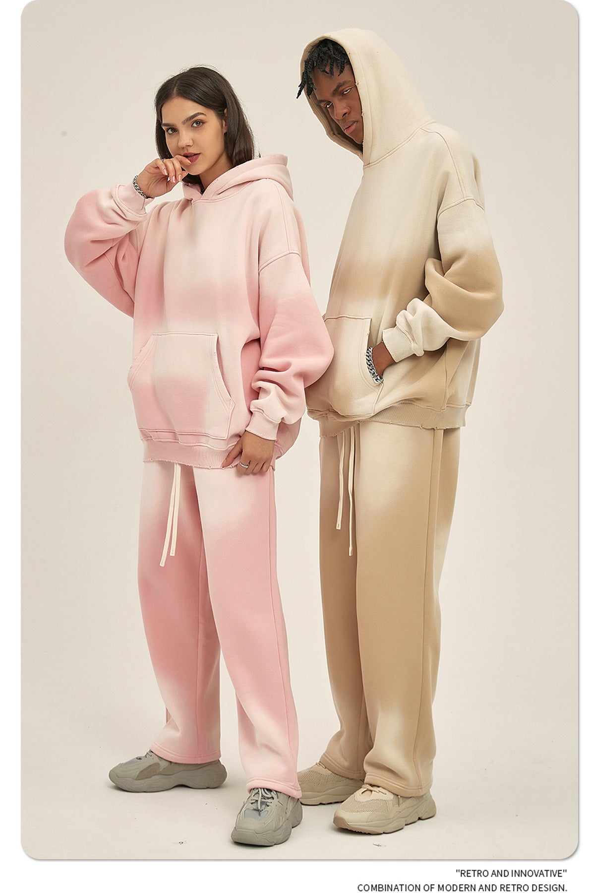 Fleece Lining Spray-dye Damage Oversize Hoodie & Fleece Lining Sweatpants WN9969