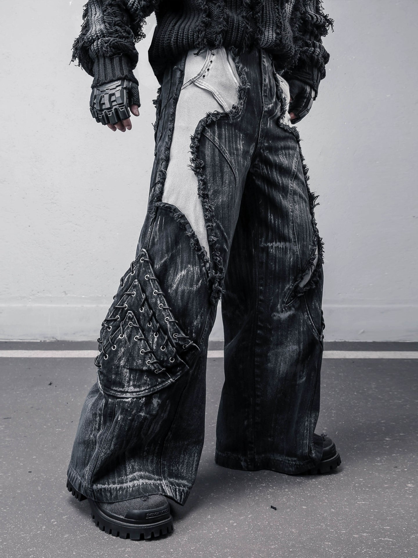 Damage Wash Mix Patch Deconstruct Wide Leg Denim Jeans WN22413